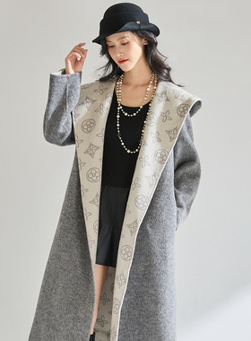 25秋冬新款《爱丁堡》老花双色绵羊毛双面呢老钱风连帽大衣29040