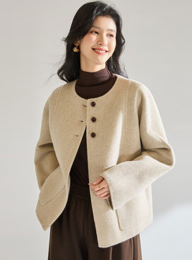 25秋冬圆领单排扣羊毛双面呢大衣弯刀袖百搭减龄气质短外套25642