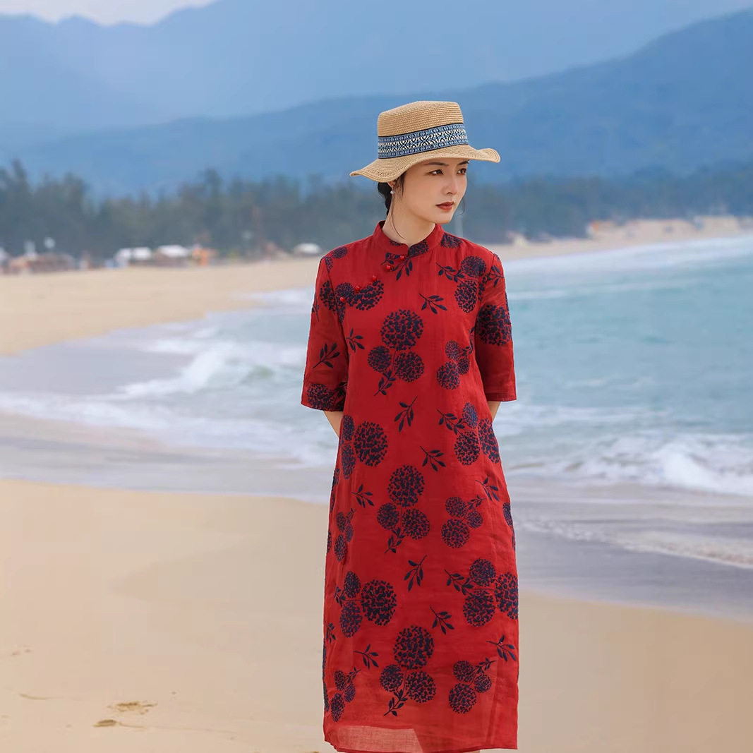 2026改良旗袍领盘扣新中式苎麻连衣裙印花中长款宽松显瘦a字裙女