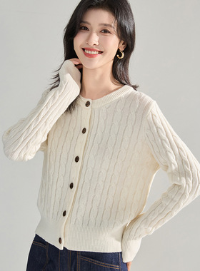 25秋新款针织粗棒针宽松时尚毛衣女慵懒风开衫绞花短款上衣22162