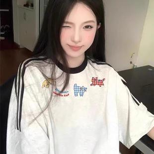 t恤女2025新款 夏季 短袖 爆款 上衣 纯棉条纹设计感小众美式 宽松半袖