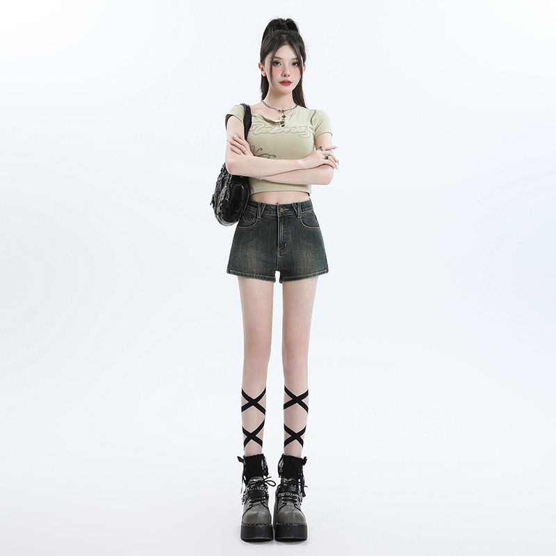 美式复古牛仔超短裤女2025年夏季新款高腰小个子辣妹包臀a字热裤