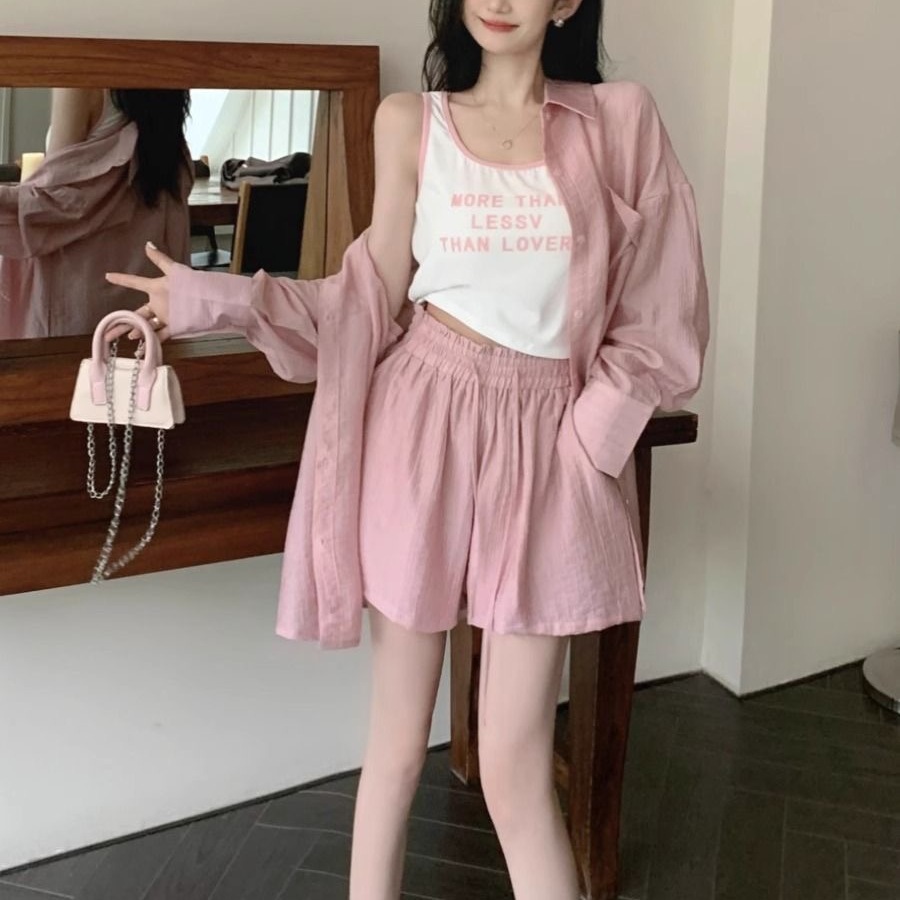 胖贵贵大码胖mm休闲运动套装女夏洋气减龄轻薄防晒显瘦衬衫短裤女