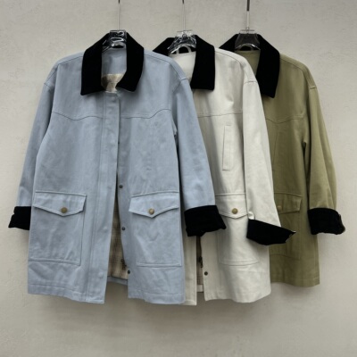 欧洲站2026春季新款欧货时尚翻领单排扣撞色老钱风蓝色风衣外套女