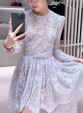 赵丽颖sp同款2025春夏款紫色气质收腰不规则圆领长袖蕾丝连衣裙女