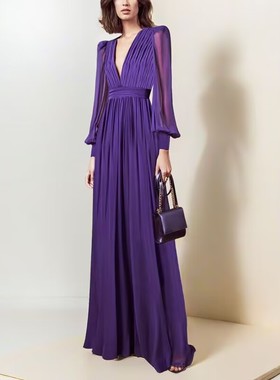 2025现货紫色连衣裙高级感显瘦收腰褶皱裙子长袖飘逸V领长裙