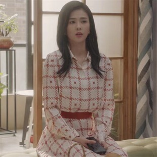 一生一世时宜白鹿同款衣服红色格子衬衫连衣裙女2023秋季气质裙子