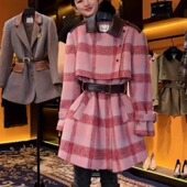 今年流行法式 小香风气质名媛高端粉色格子毛呢翻领外套女大衣秋冬