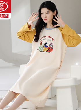 浪莎睡裙女秋冬款纯棉长袖新款睡衣中长款宽松卡通可外穿家居服ZH