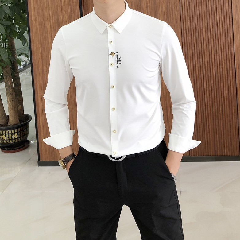 轻奢修身商务休闲衬衫男长袖高弹丝滑金标鹰像长袖免烫抗皱小衬衣