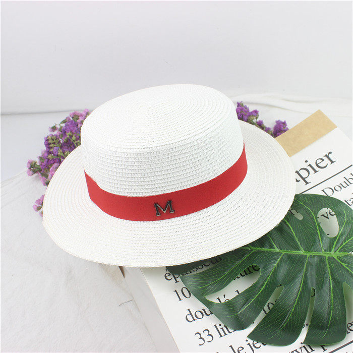 英伦白色女士平顶草帽M小礼帽遮阳帽平顶草编礼帽夏季平沿逛街潮