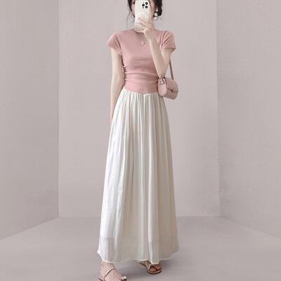 粉色不规则针织正肩短袖t恤女夏夏季冰丝紧身修身短款小飞袖上衣