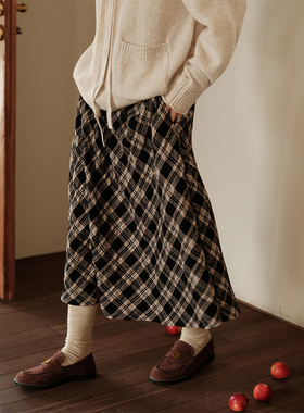 Botanique植物学复古文艺羊毛棉格纹中长半身裙