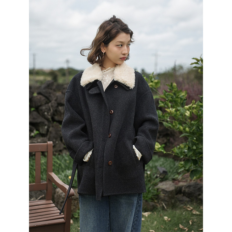 Botanique植物学“气质小姐”山羊绒天丝羊毛可拆卸领双面呢外套