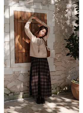 Botanique植物学“布朗尼蛋糕”咖色格纹花苞长半裙