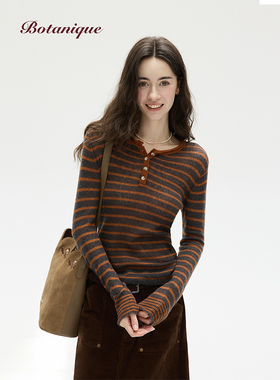 【现货】Botanique植物学“黑巧蜜桔”软糯羊驼羊毛条纹毛衣