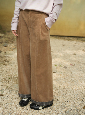 Botanique植物学“两穿设计”复古格纹灯芯绒直筒裤