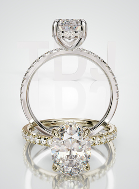 18K金椭圆主石四爪底托围镶满圈光面戒轻奢小众设计感婚戒可定制