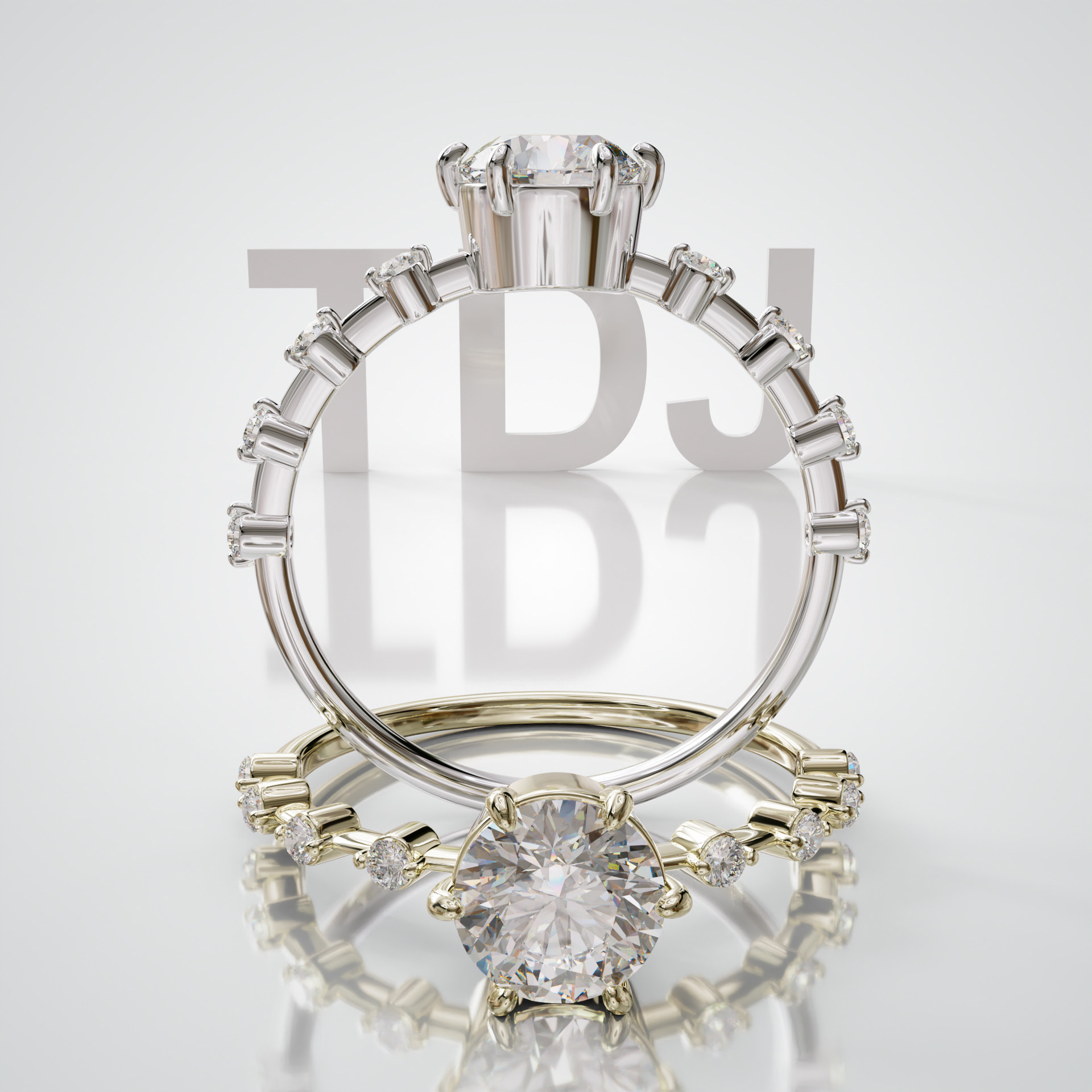 18K金圆形主石条形镶座排戒戒指