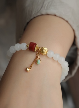 天然和田玉羊脂玉手链搭配天然南红配珠纯银鎏金百香籽配饰翡翠