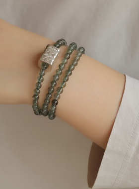 高端定制天然绿发晶多圈老银方块正宗纯银简约大气手链项链两用款