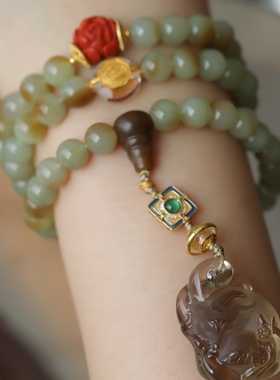 高端定制天然和田玉糖白料多圈搭配纯银鎏金镶嵌白水晶天然南红