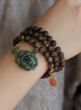 天然沉香多圈搭配纯银鎏金镶嵌冰飘南红碧玺天然和田玉精雕牡丹花