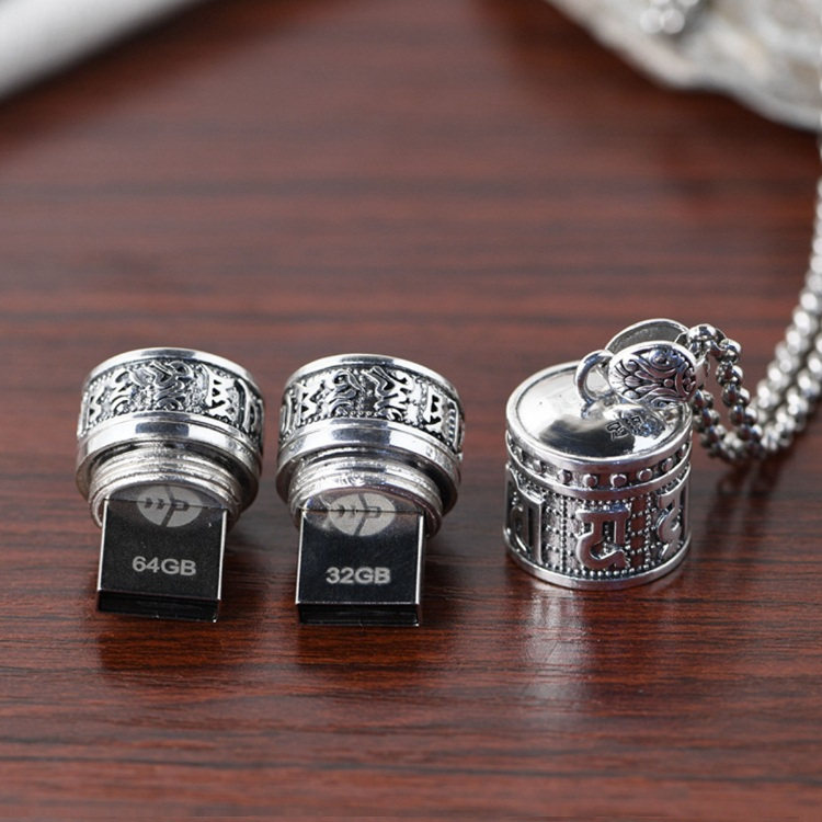 足银复古六字真言嘎乌盒项链吊坠时尚32G、64G纯银优盘