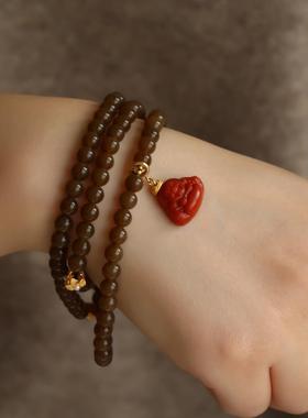 高端定制天然和田玉糖料108粒长链配纯银翡翠碧玺南红弥勒佛手链