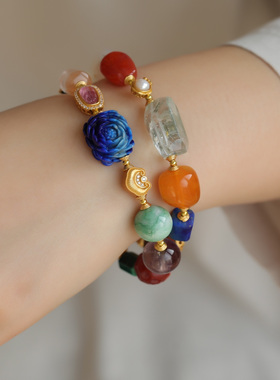 天然青金石精雕牡丹花牌搭配纯银鎏金镶嵌碧玺叶子水晶桶珠搭翡翠