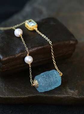 女天然海蓝宝淡水珍珠托帕石手工