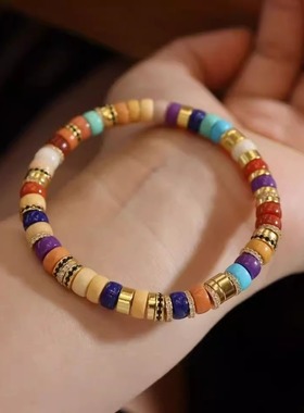 多宝彩虹手链纯银925天然青金石紫云母缅白缅黄南红缅粉天然绿松
