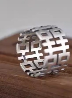 纯银戒指 新款纯银S925喜字戒指 镂空精致简约