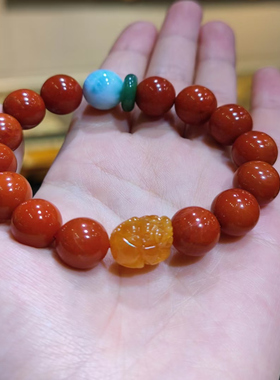 天然正宗川料南红手链满色满肉柿子红品质艳丽红润搭配天然海纹石