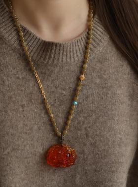 孤品天然蜜蜡精雕牡丹花吊坠配天然和田玉糖料手工绳长链松石南红