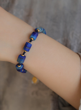 纯手工天然青金石原石手链搭配青金石转环白水晶玉兰花鎏金叶子