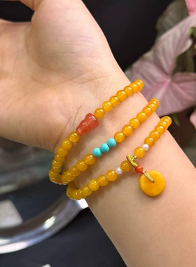 天然精美俄料鸡油黄蜜蜡三圈手链搭配菱镁矿南红葫芦蜜蜡饼子610