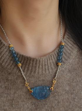 天然海蓝宝精雕牡丹花项链高端定制很有质感搭配紫牙乌扣