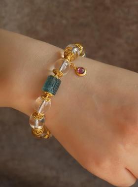 天然白水晶老形珠手链 搭配萤石水晶回纹桶珠 碧玺吊坠 简约精美