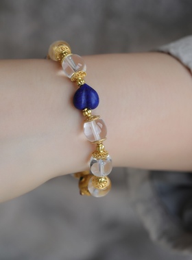 高端定制天然白水晶老形珠手链配鎏金花丝球纯银鎏金事事如意吊坠