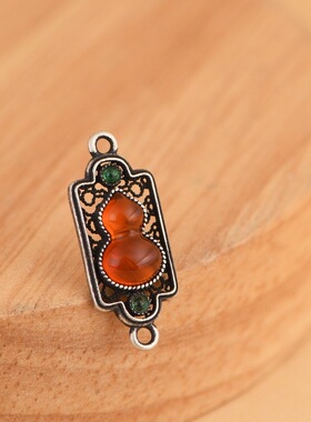 S925纯银福做旧镂空镶玛瑙葫芦链接件diy手工银饰配件挂件