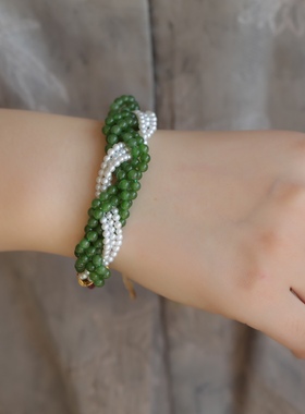 高端定制天然碧玉多层精美无杂裂搭配天然淡水珍珠纯银鎏金花丝球