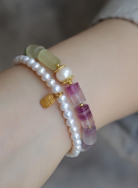 天然萤石水晶精雕回纹桶珠搭配天然淡水珍珠福字鎏金牌双层设计