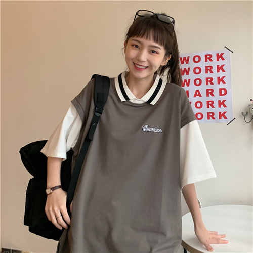 Cotton T summer Korean Short Sleeve T-Shirt women's polo collar two-piece jacket loose size trendy student cute T-shirt