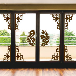 中式贴纸墙贴 中国风客厅橱窗玻璃门复古对角贴装饰 古典贴画自粘