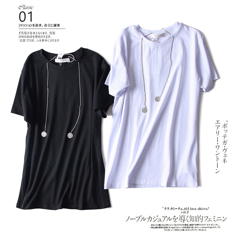 第二次也很美王子文安安明星同款早春时髦钱币链条圆领短袖t恤女