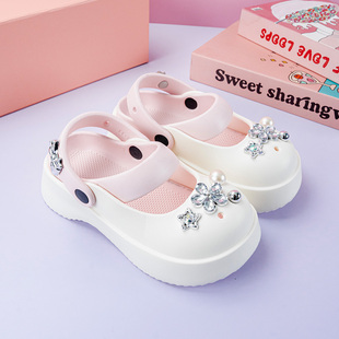 防滑增高包头鞋 新款 穿搭拖鞋 水钻花朵男女童洞洞鞋 亲子外穿时尚