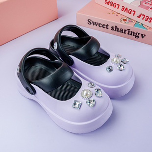 防滑增高包头鞋 新款 穿搭拖鞋 珍珠水钻男女童洞洞鞋 亲子外穿时尚