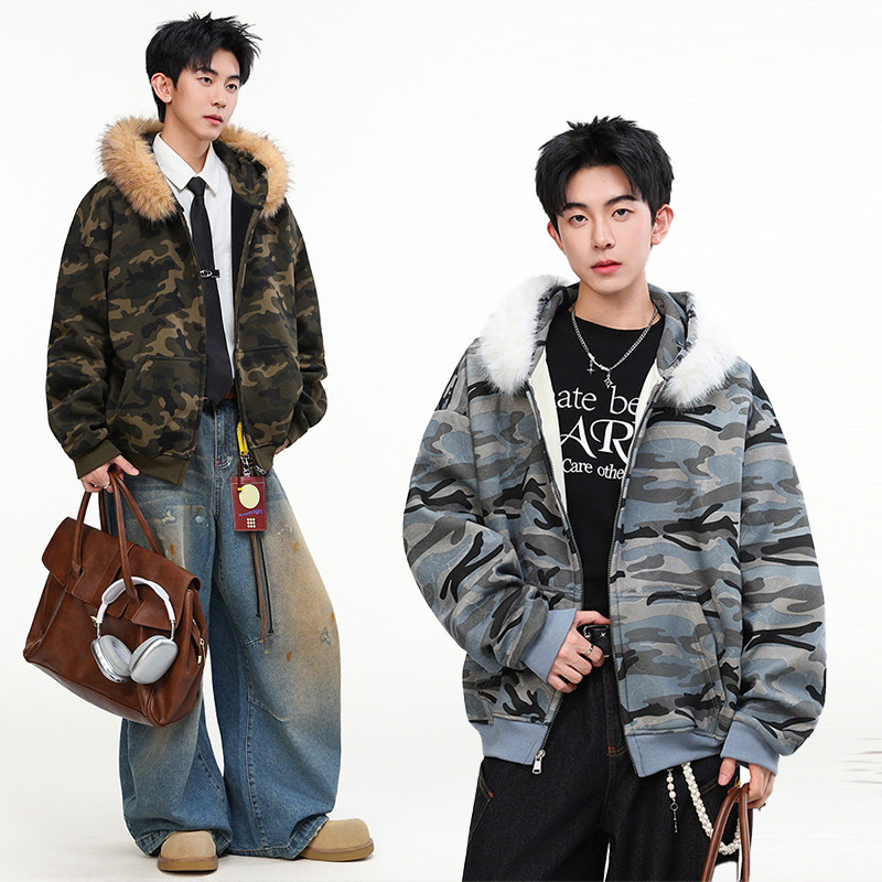 优续2025冬季美式复古迷彩风毛领夹克男秋冬加绒加厚保暖连帽外套