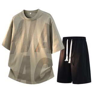 t恤休闲时尚 男士 套装 夏季 宽松 薄款 8XL青年潮牌两件套可二开短袖